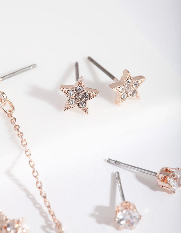 Rose Gold Cubic Zirconia Star & Chain Drop Earring Pack