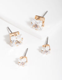 Gold Cubic Zirconia Square Earring Pack - link has visual effect only
