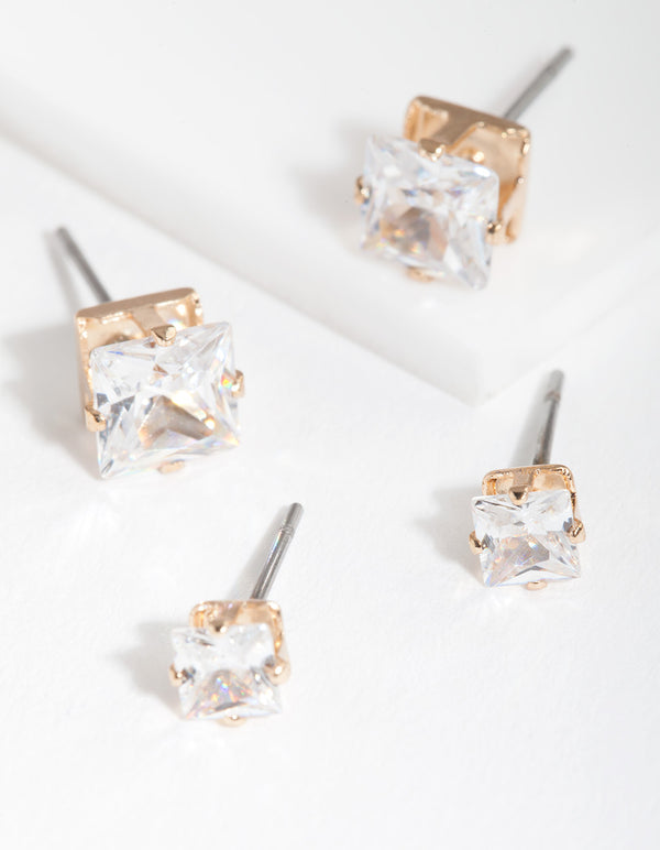 Gold Cubic Zirconia Square Earring Pack