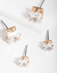 Gold Cubic Zirconia Square Earring Pack - link has visual effect only