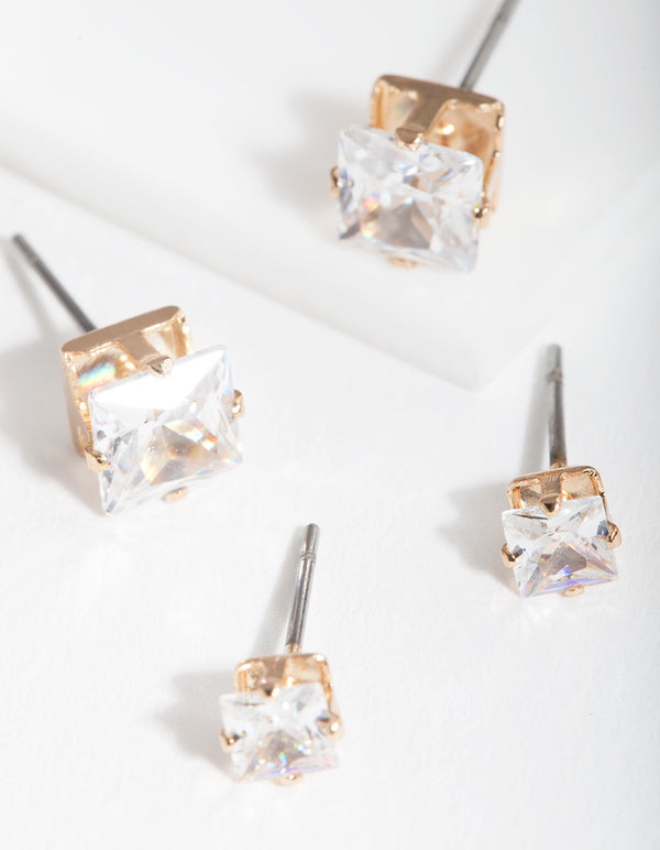 Gold Cubic Zirconia Square Earring Pack