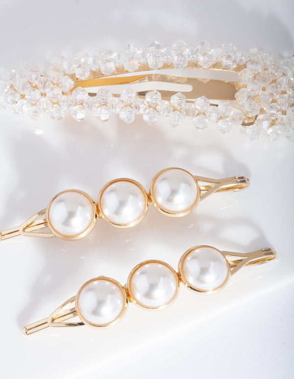 Gold Pearl Bead Hair Clip Pack