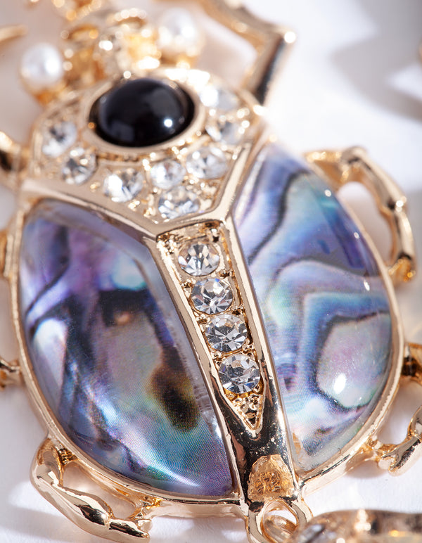 Gold Blue Swirl Beetle Earrings