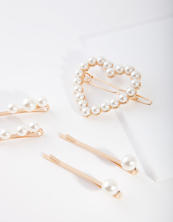 Kids Gold Heart Pearl Mix Hair Clip Pack