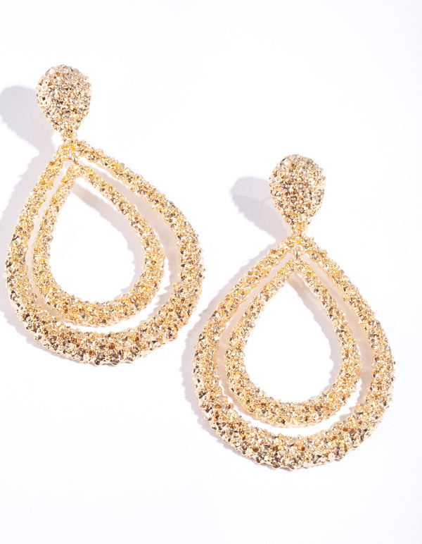 Gold Crater Textured DoubleTear Drop Earrings