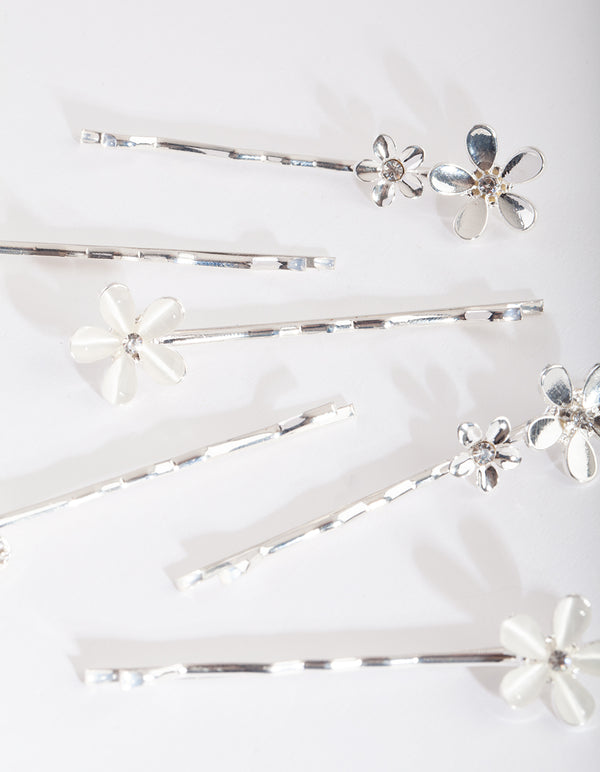 Silver Floral Stone Hair Clip Pack