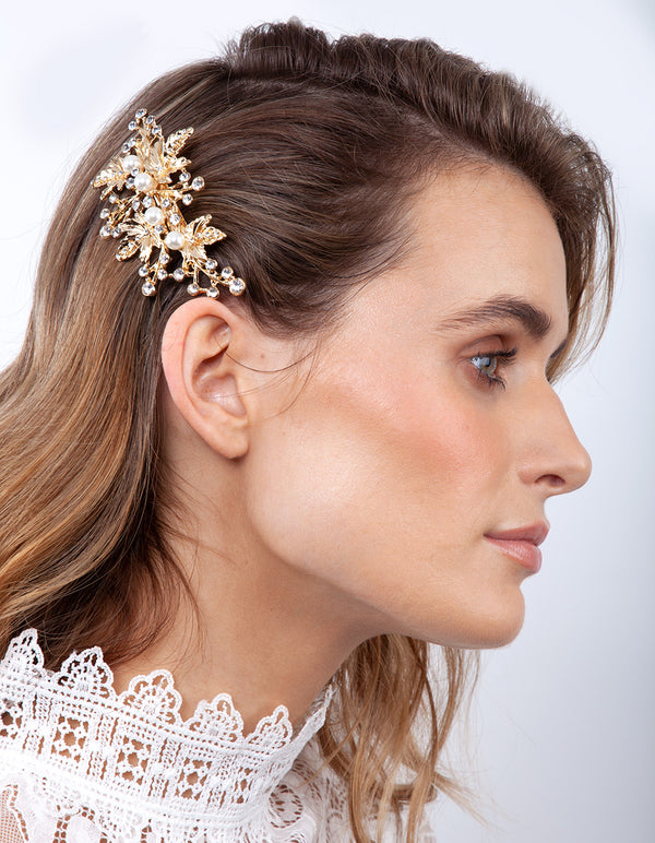 Gold Floral Pearl Hair Barrette