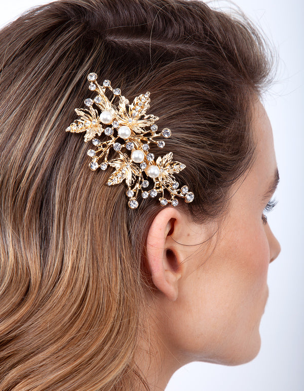Gold Floral Pearl Hair Barrette