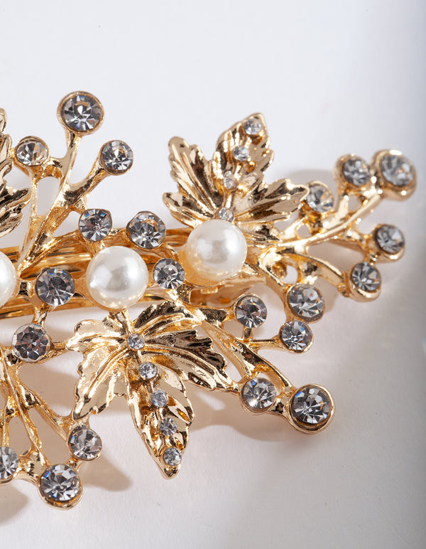 Gold Floral Pearl Hair Barrette