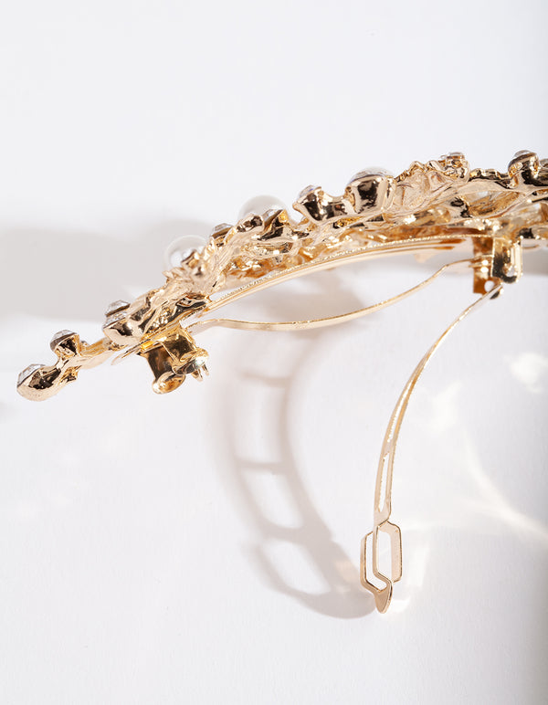 Gold Floral Pearl Hair Barrette
