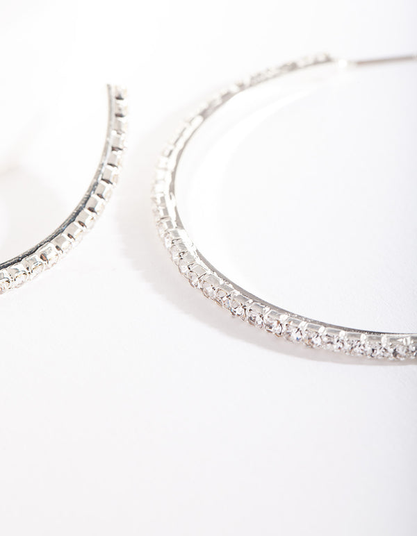 Silver Fine Diamante Hoop Earrings