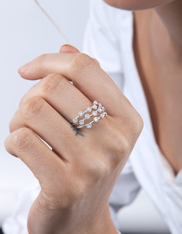 Silver Reflective Stone Ring Trio