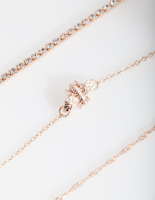 Rose Gold Diamante Bee Anklet Bracelet 4-Pack