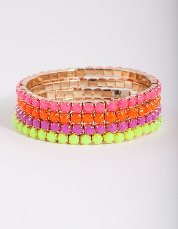 Kids Multi Coloured Fluorescent Cupchain Stretch Bracelet 4-Pack