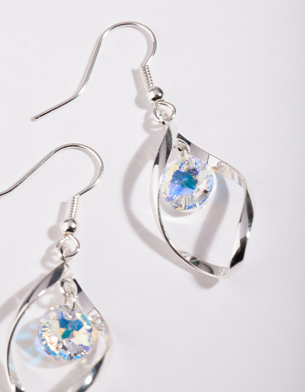 Silver Diamond Simulant Drop Twist Earrings