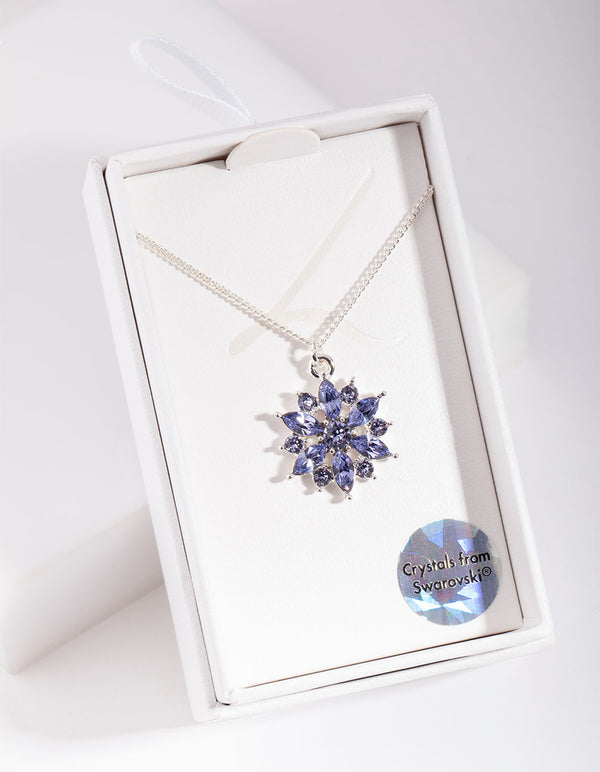 Silver Diamond Simulant Lavender Flower Pendant Necklace