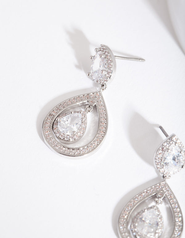 Silver Diamond Simulant Pear Drop Earrings