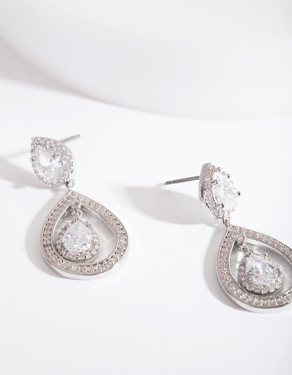 Silver Diamond Simulant Pear Drop Earrings