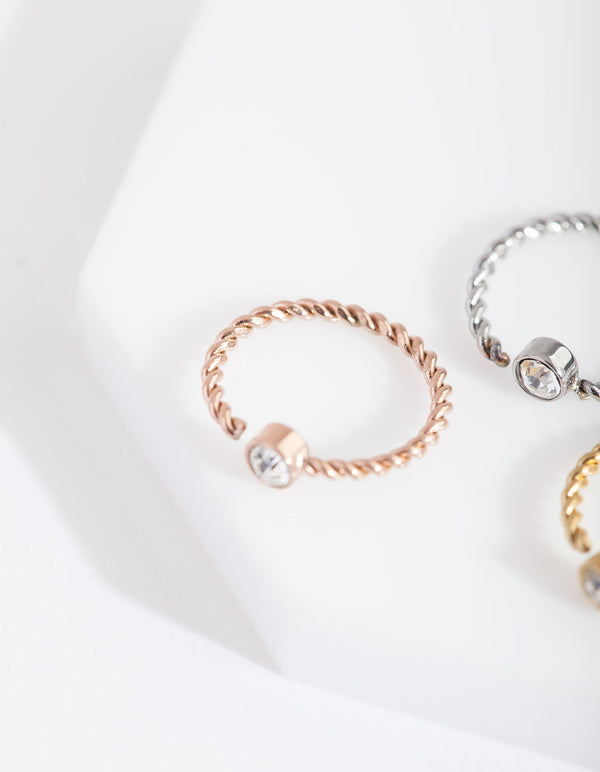 Mixed Metal Diamante Twist Nose Ring Pack