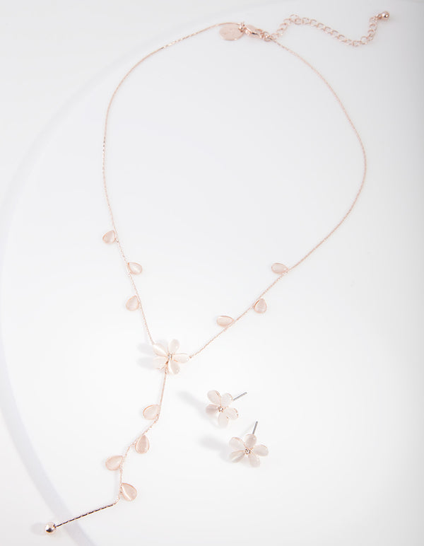 Rose Gold Floral Earrings Necklace Set