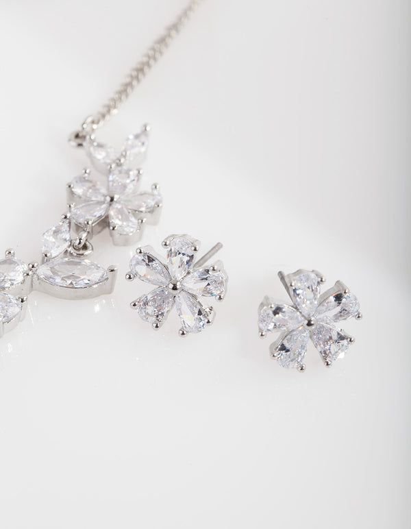 Silver Diamond Simulant Floral Necklace Earrings Set