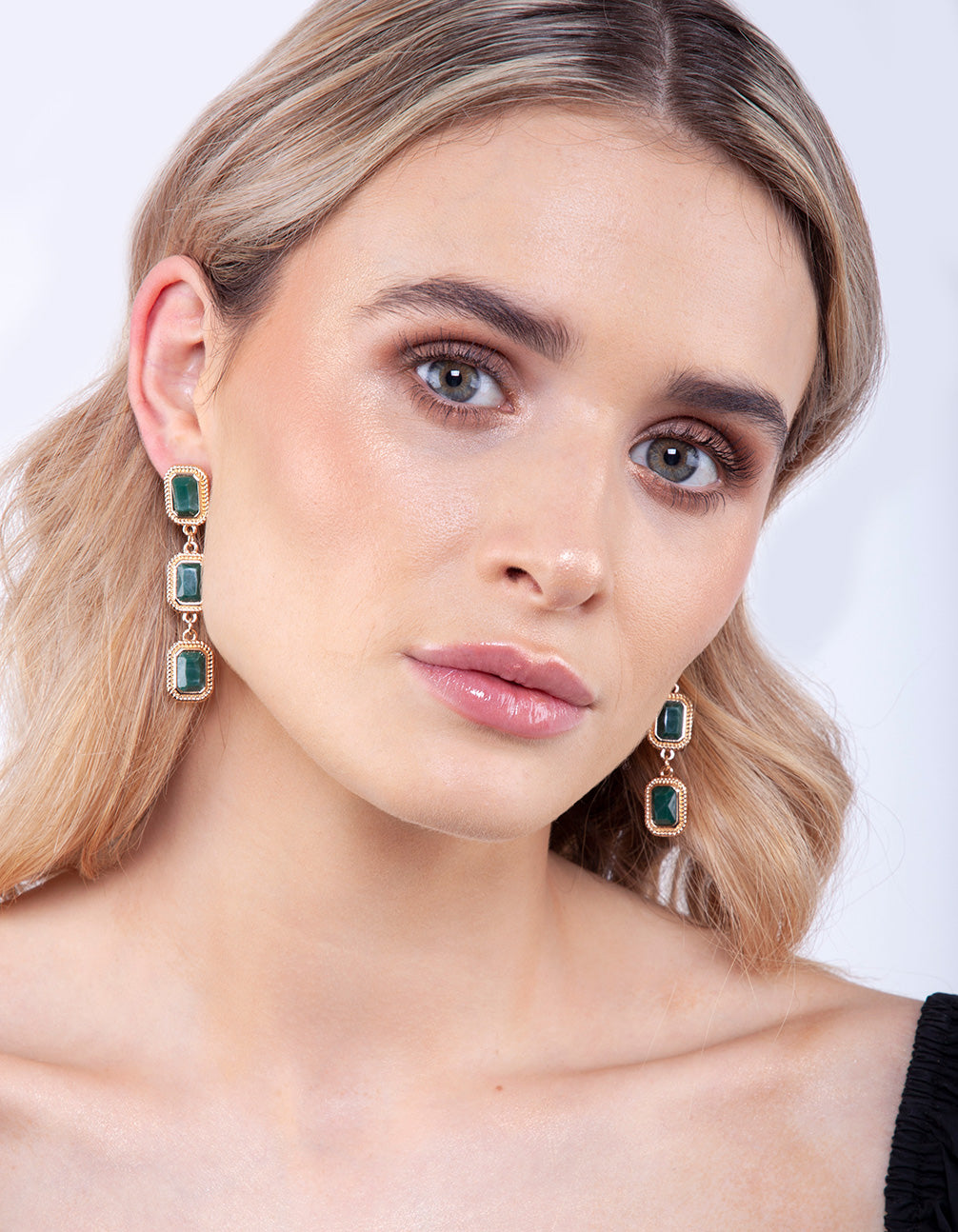 Green Triple Stone Drop Earrings
