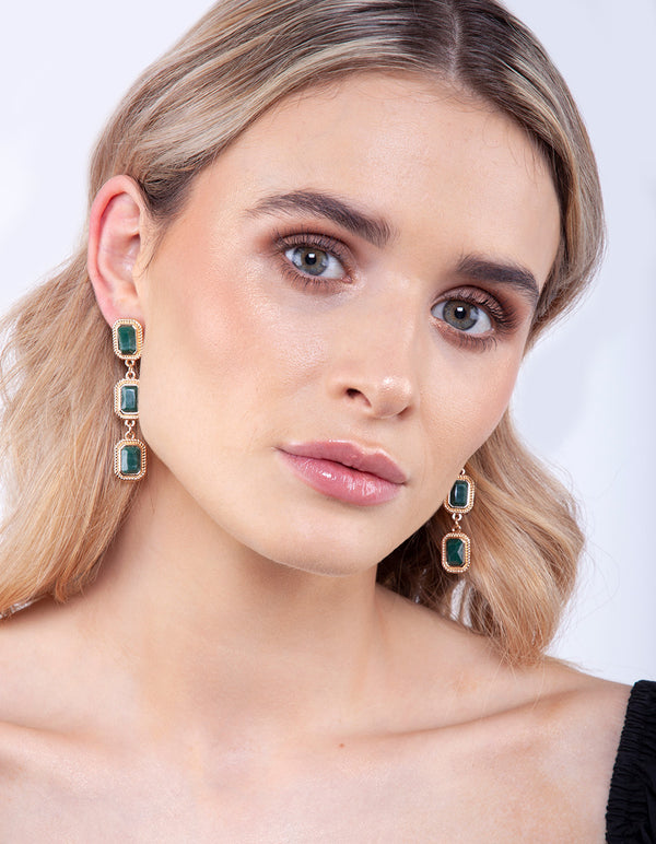 Green Triple Stone Drop Earrings