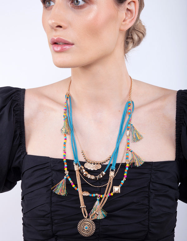 Gold Blue Bohemian Layered Necklace