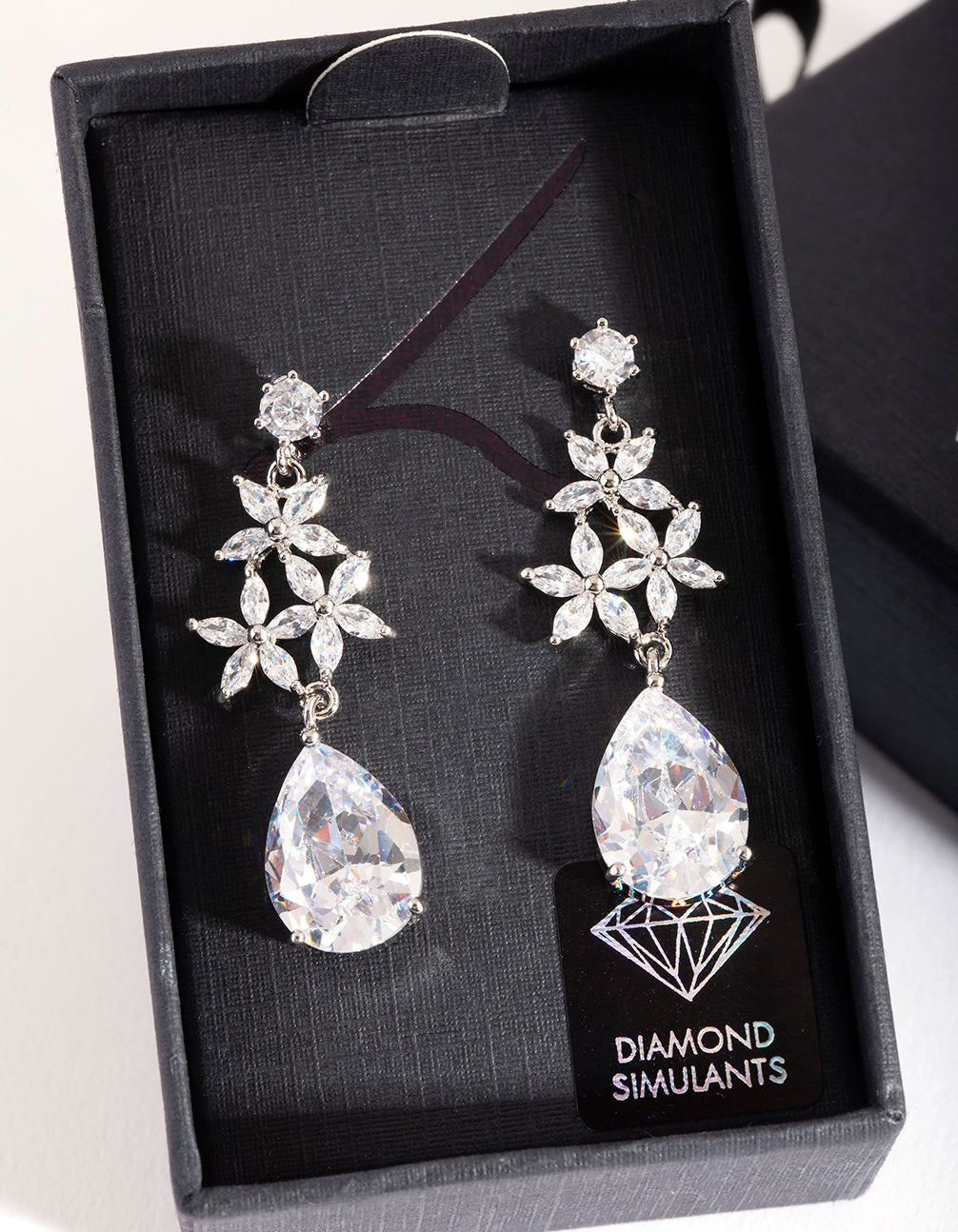 Silver Diamond Simulant Flower Teardrop Earrings