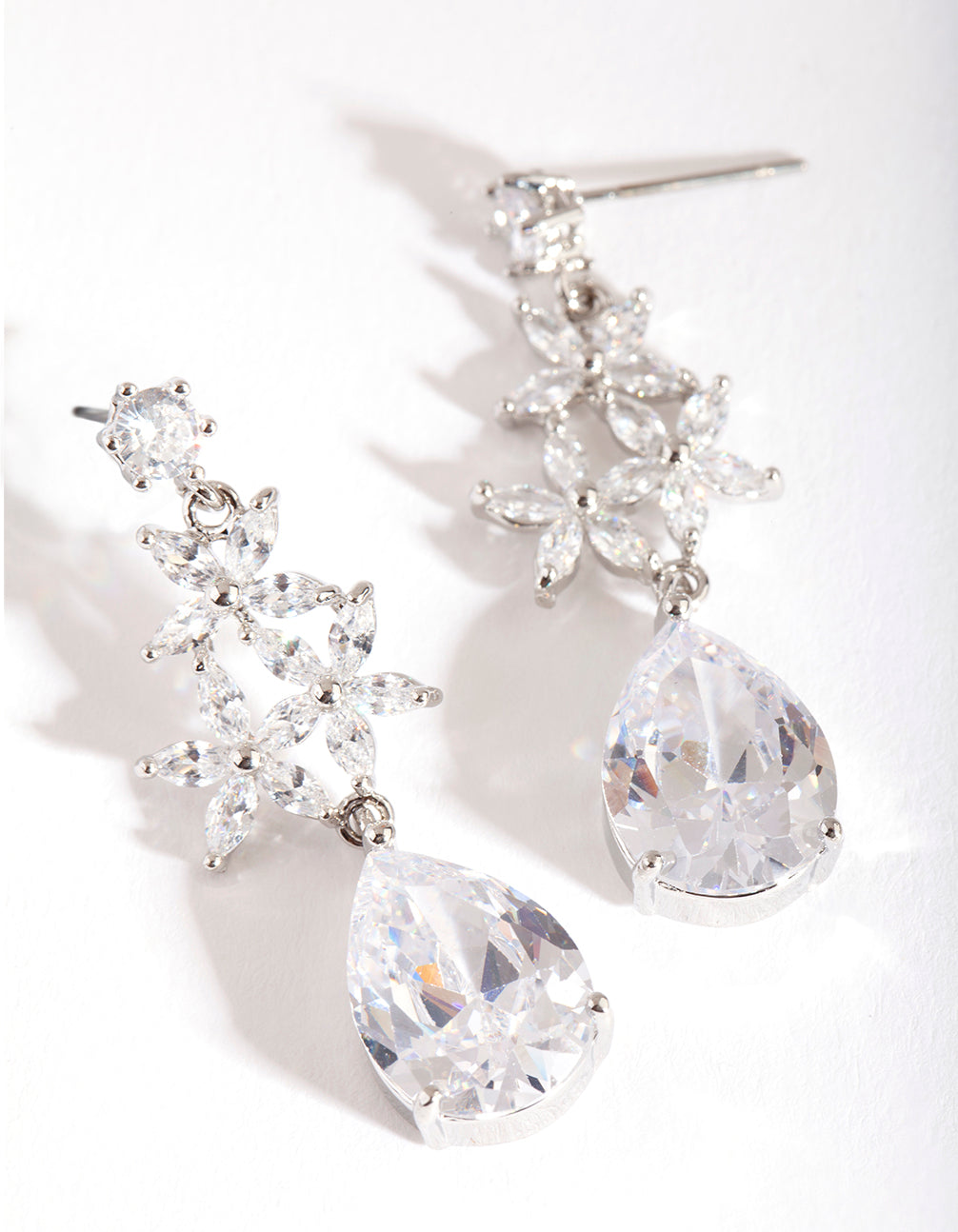 Silver Diamond Simulant Flower Teardrop Earrings