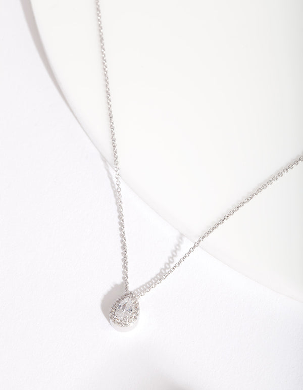 Sterling Silver Cubic Zirconia Pear Halo Necklace