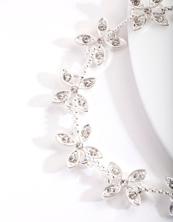 Silver Crystal Silk Flower Bracelet