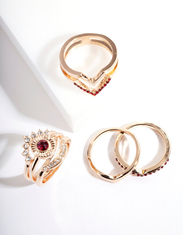 Gold Multi Shape Red Stone Ring 6-Pack