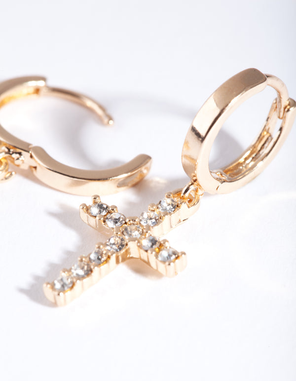 Gold Diamante Cross Huggie Earrings