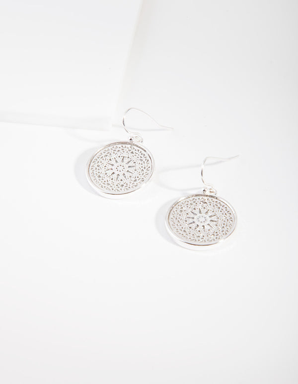 Silver Filigree Disc Drop Earrings