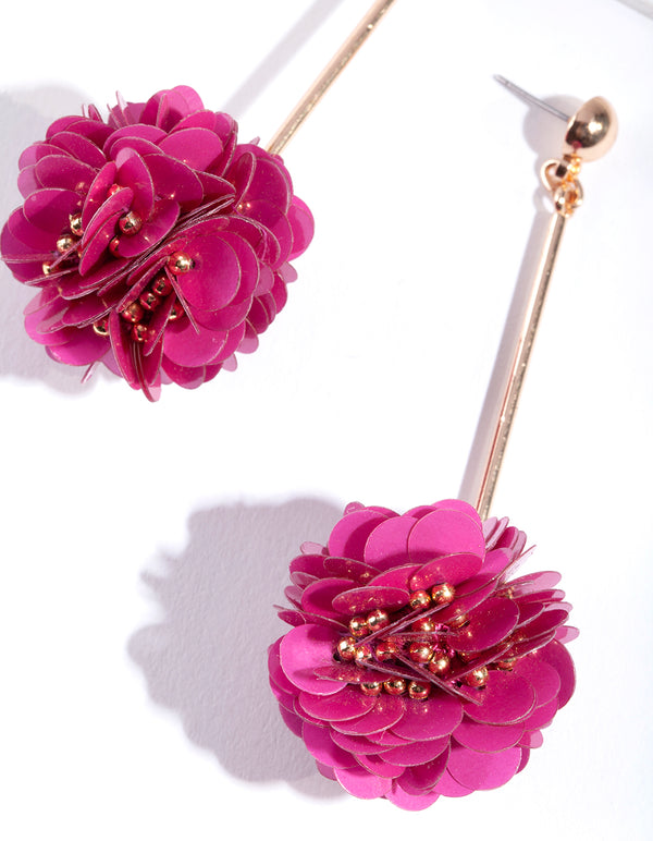 Gold Red Flower Stick Drop Earrings