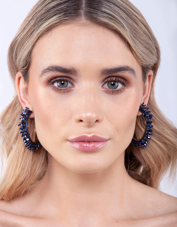 Gold Blue Facet Bead Hoop Earrings