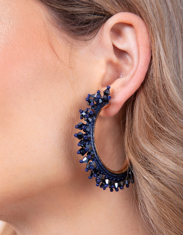 Gold Blue Facet Bead Hoop Earrings