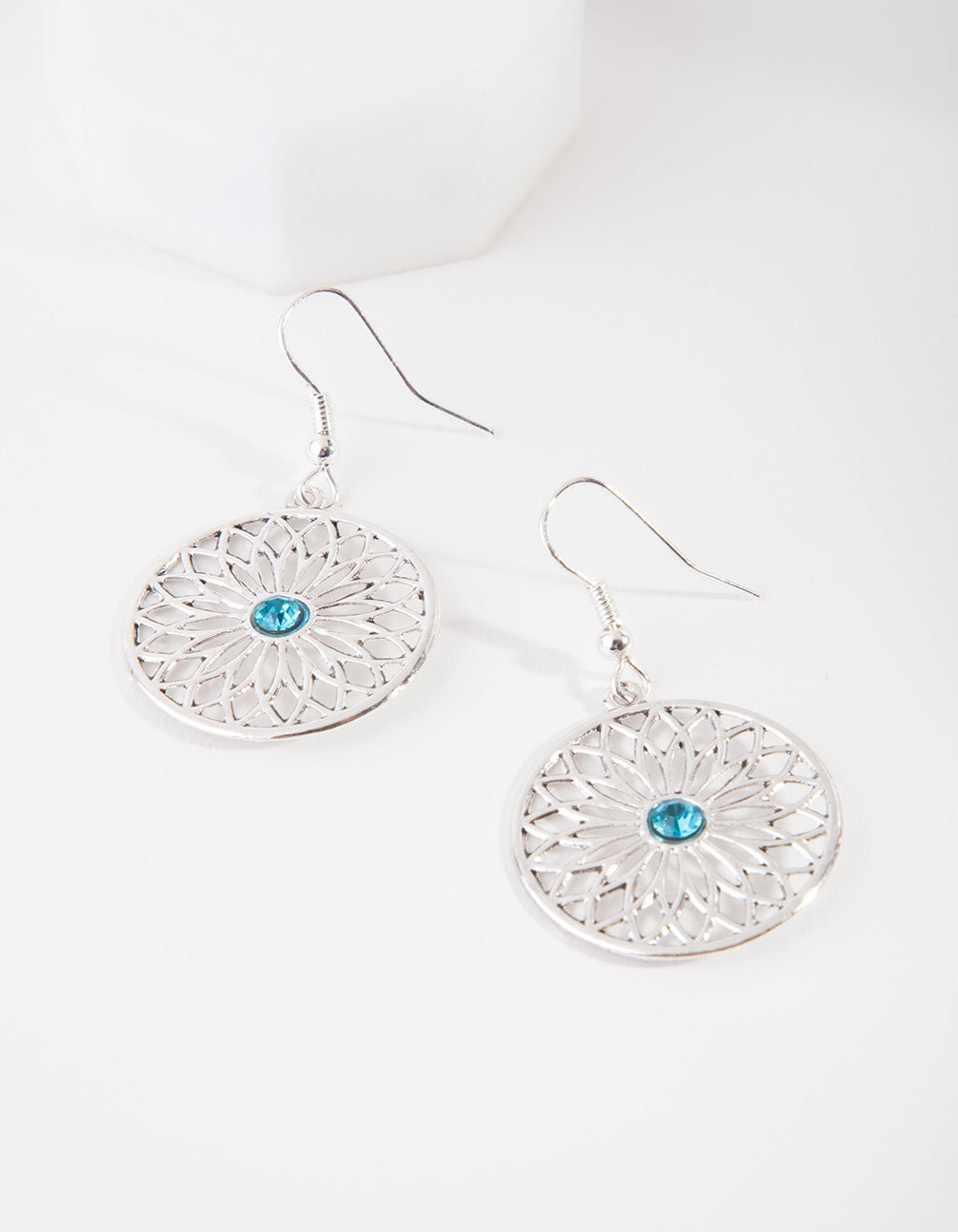 Silver Filigree Flower Disc Drop Earrings