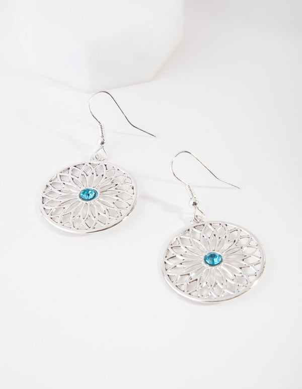 Silver Filigree Flower Disc Drop Earrings