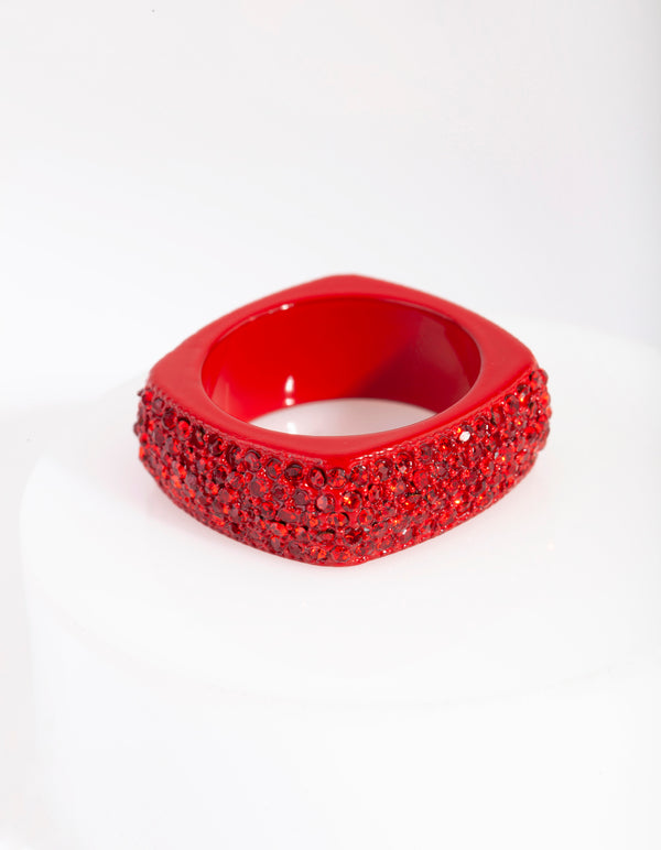 Red Rounded Square Pave Ring