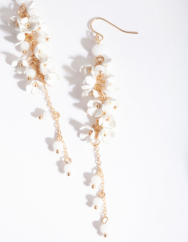Gold White Flower Cluster Drop Earrings