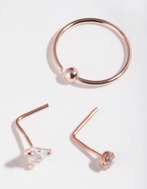 Rose Gold Plated Sterling Silver Cubic Zirconia Triangle Nose Piercing Pack