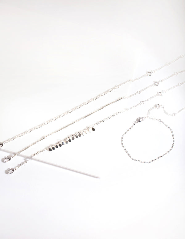 Silver Diamante Drop Charm Bracelet & Anklet 4-Pack