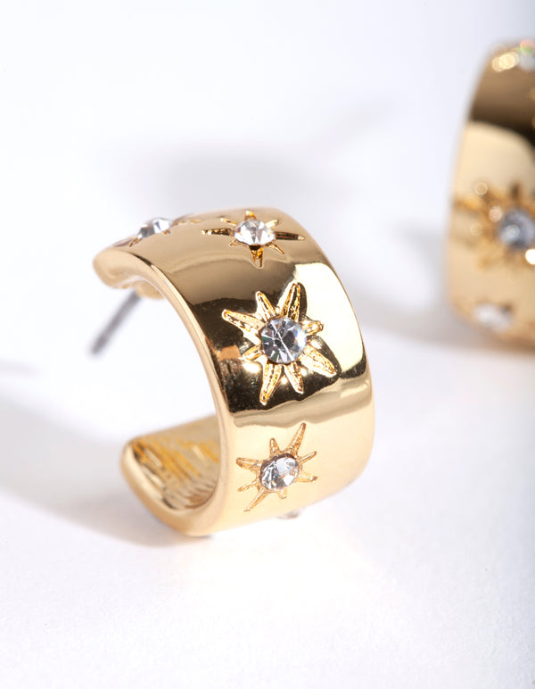 Gold Plated Diamante Starburst Huggie Earrings