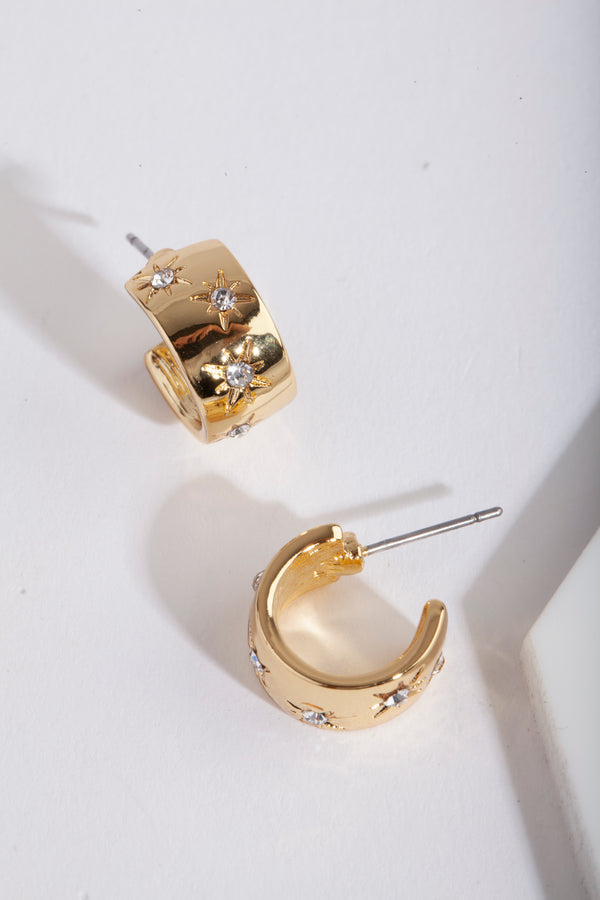 Gold Plated Diamante Starburst Huggie Earrings