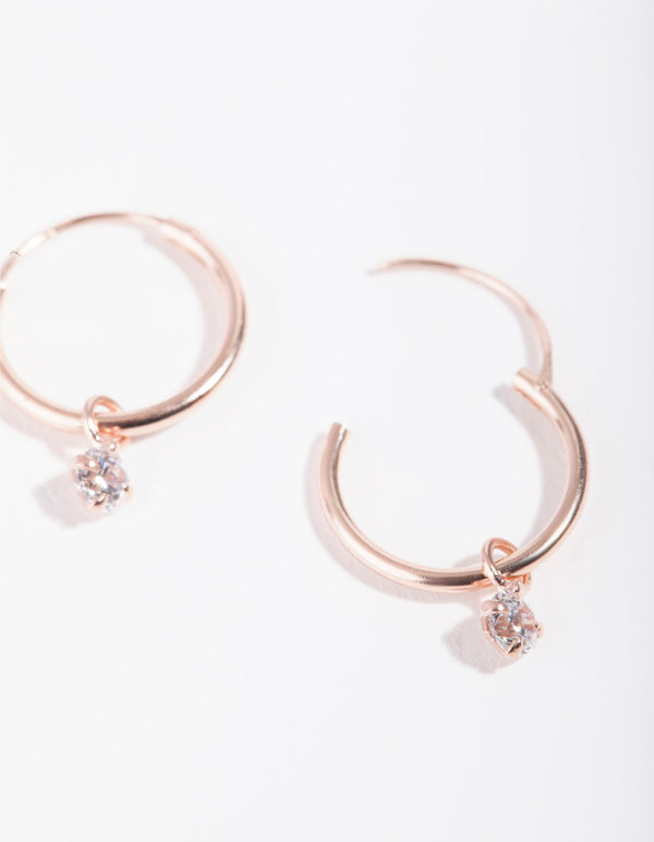 Rose Gold Plated Sterling Silver Cubic Zirconia Dangle Hoop Earrings