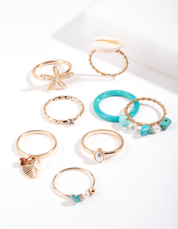 Gold Turquoise Sea Ring 8-Pack