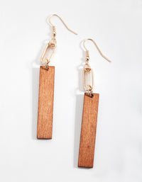 Gold Link Wooden Rectangle Earrings - link has visual effect only