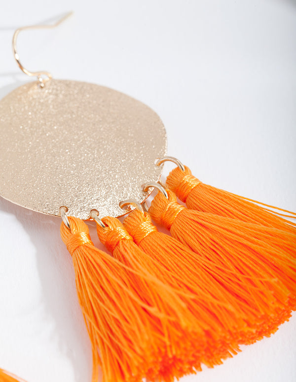 Orange Gold Circle Tassel Earrings